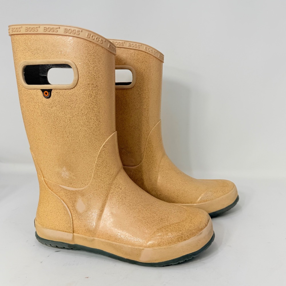 Bogs Youth 4 Rain Boots Gold Glitter Waterproof Rubber Pull On 72399-689